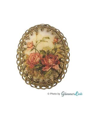 Vintage Germany Pink Roses Cameo Brooch – Sugar Coated Floral Gold Tone, 1950s